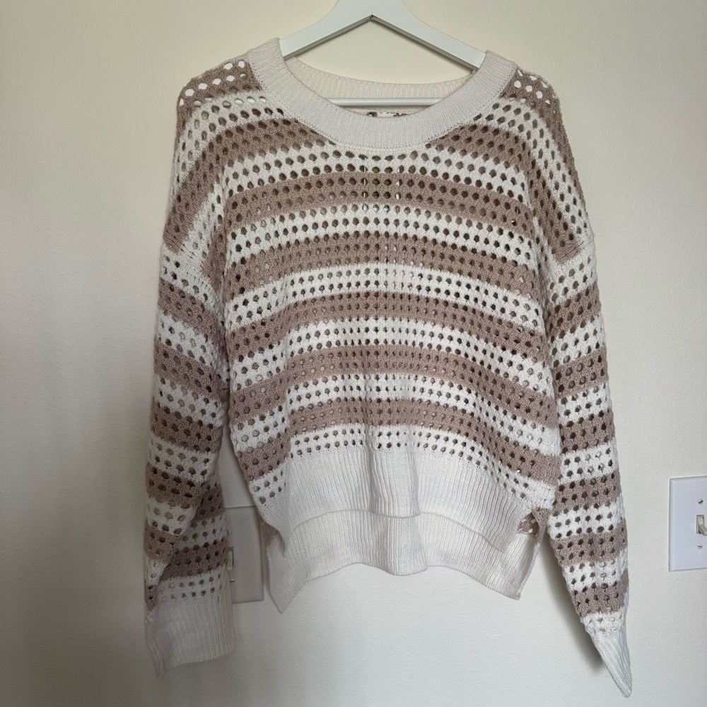 Pink Republic Open-Knit Striped Scoop Neck Sweater in White and Light Beige